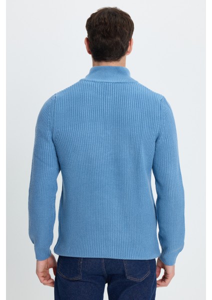 Erkek Slim Fit Dar Kesim Fermuarlı İndigo Dik Yaka Triko Kazak