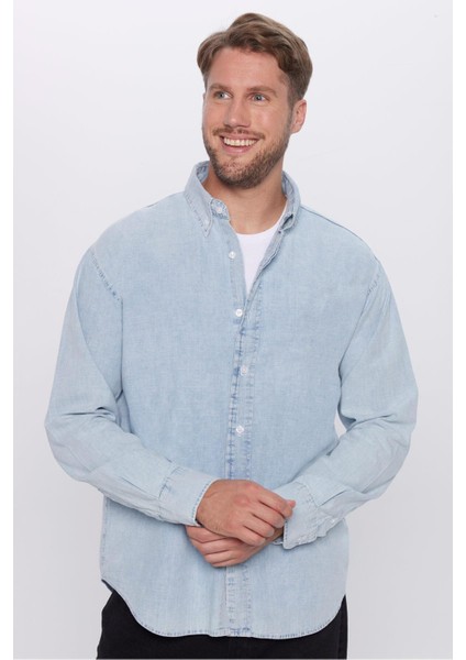 Erkek Relax Fit Rahat Kesim %100 Pamuk Denim Kot Mavi Düğmeli Yaka Gömlek