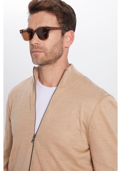 Unisex Slim Fit Dar Kesim Bej Dik Yaka Fermuarlı Düz Hırka