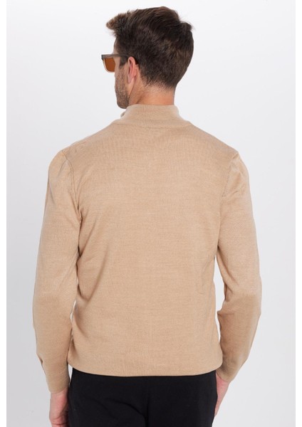 Unisex Slim Fit Dar Kesim Bej Dik Yaka Fermuarlı Düz Hırka