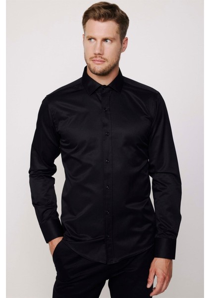 Erkek Modern Slim Fit Düz Saten Pamuklu Siyah Gömlek