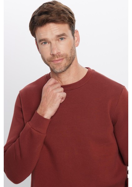 Unisex Relax Fit Rahat Kesim Pamuklu Yumuşak Dokulu Polarlı Kahverengi Bisiklet Yaka Sweatshirt