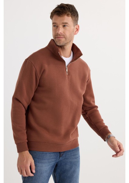 Unisex Relax Fit Rahat Kesim Pamuklu İçi Polarlı Yarım Fermuarlı Kahverengi Dik Yaka Sweatshirt
