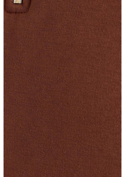 Unisex Relax Fit Rahat Kesim Pamuklu İçi Polarlı Yarım Fermuarlı Kahverengi Dik Yaka Sweatshirt