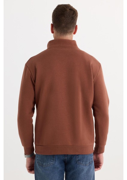 Unisex Relax Fit Rahat Kesim Pamuklu İçi Polarlı Yarım Fermuarlı Kahverengi Dik Yaka Sweatshirt