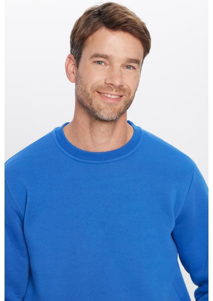 Unisex Relax Fit Rahat Kesim Pamuklu Yumuşak Dokulu Polarlı Basic Saks Mavi Bisiklet Yaka Sweatshirt