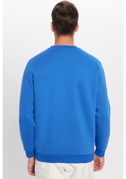 Unisex Relax Fit Rahat Kesim Pamuklu Yumuşak Dokulu Polarlı Basic Saks Mavi Bisiklet Yaka Sweatshirt