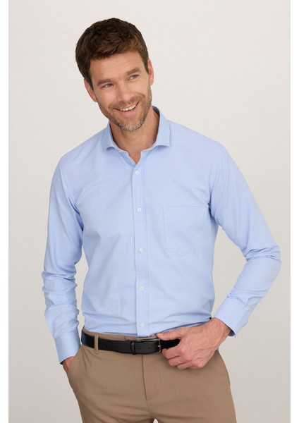 Erkek Regular Fit Klasik Kesim Desenli Mavi Gömlek