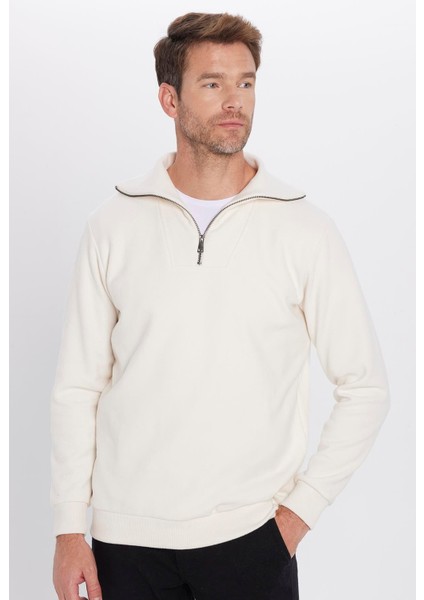 Unisex Relax Fit Rahat Kesim Fitilli Desenli Pamuklu Yarım Fermuarlı Ekru Dik Yaka Sweatshirt