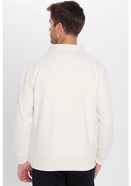 Unisex Relax Fit Rahat Kesim Fitilli Desenli Pamuklu Yarım Fermuarlı Ekru Dik Yaka Sweatshirt