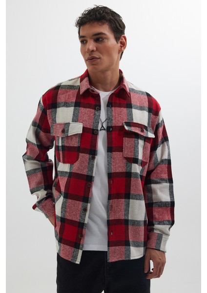 Erkek Relax Fit Rahat Kesim Oduncu Çift Cep Düğmeli Kareli Kışlık Gömlek