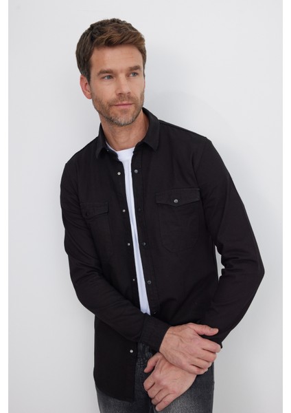 Erkek Slim Fit Dar Kesim Uzun Kollu Denim Kot Çift Cep Çıtçıtlı Siyah Gömlek
