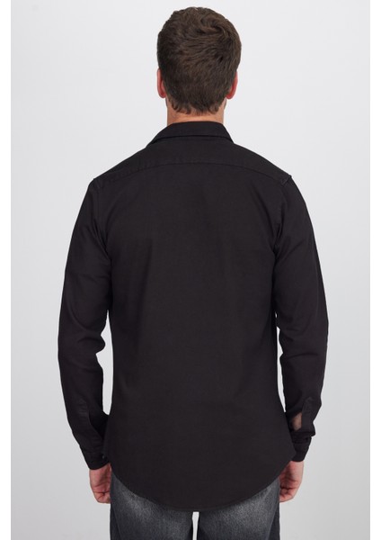 Erkek Slim Fit Dar Kesim Uzun Kollu Denim Kot Çift Cep Çıtçıtlı Siyah Gömlek