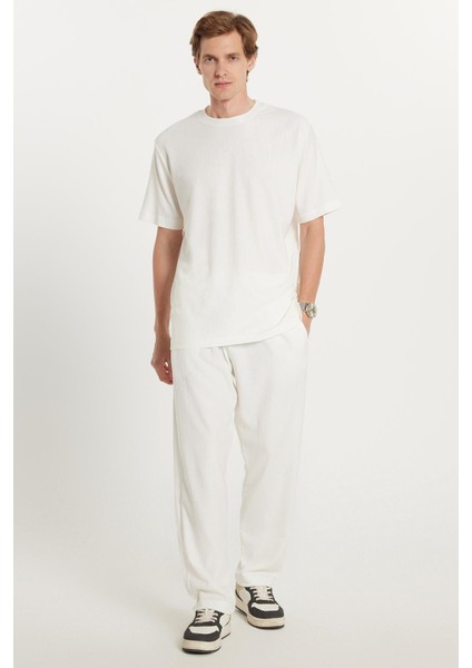 Erkek Oversize Geniş Kesim Beli Lastikli Bağcıklı Bisiklet Yaka Ekru Eşofman Takımı