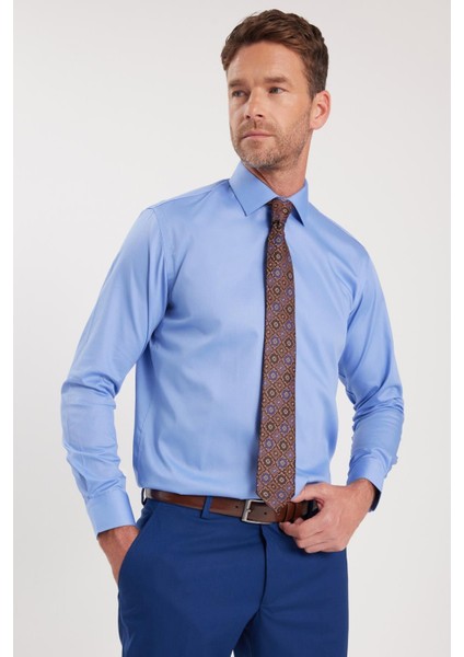 Erkek Regular Fit Mavi Non-Iron Pamuklu Doğa Dostu Ekoteks Belgeli Ütü Gerektirmez Gömlek