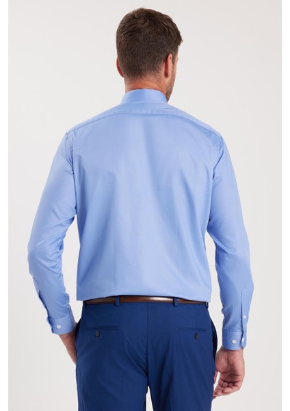 Erkek Regular Fit Mavi Non-Iron Pamuklu Doğa Dostu Ekoteks Belgeli Ütü Gerektirmez Gömlek