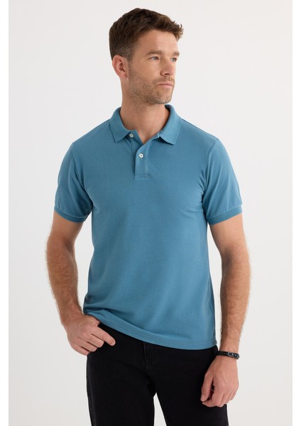 Erkek Slim Fit Dar Kesim Pamuklu Yumuşak Dokulu Serin Tutan Kumaş Düz Pike Mavi Polo Yaka Tişört