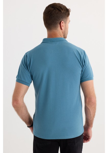 Erkek Slim Fit Dar Kesim Pamuklu Yumuşak Dokulu Serin Tutan Kumaş Düz Pike Mavi Polo Yaka Tişört