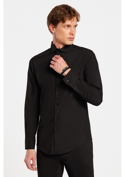 Slim Fit Uzun Kollu Pamuklu Kolay Ütü Siyah Erkek Gömlek