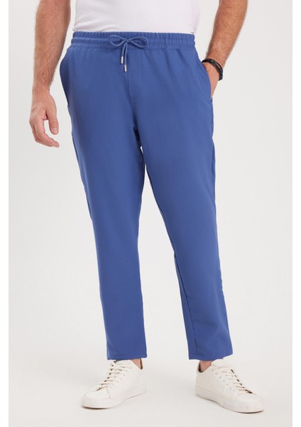 Erkek Regular Fit Beli Lastikli Bağcıklı Jogger İndigo Pantolon Rahat Kesim Yan Cepli