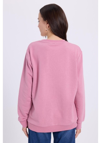 Kadın Oversize Geniş Kesim %100 Pamuk Basic Lila Bisiklet Yaka Sweatshirt