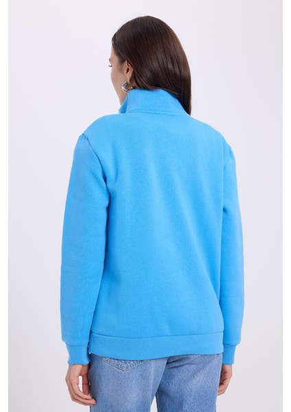 Kadın Relax Fit Rahat Kesim Pamuklu İçi Polarlı Yarım Fermuarlı Mavi Dik Yaka Sweatshirt