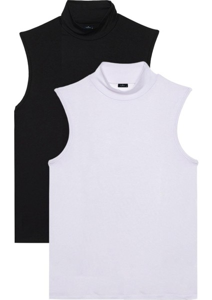 Kadın 2'li Paket Siyah-Beyaz Regular Fit Klasik Kesim Viskon Kumaş Balıkçı Yaka Sıfır Kol Bluz