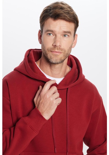 Unisex Oversize Geniş Kesim Pamuklu Yumuşak Dokulu İçi Polarlı Basic Bordo Kapüşonlu Sweatshirt