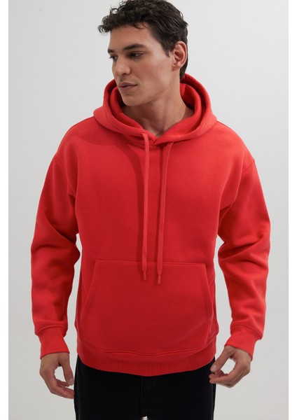 Unisex Oversize Geniş Kesim Pamuklu Yumuşak Dokulu Içi Polarlı Basic Nar Renk Kapüşonlu Sweatshirt