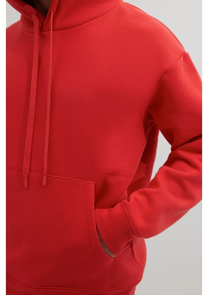 Unisex Oversize Geniş Kesim Pamuklu Yumuşak Dokulu Içi Polarlı Basic Nar Renk Kapüşonlu Sweatshirt modelleri