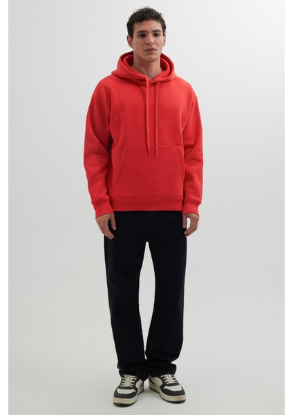 Unisex Oversize Geniş Kesim Pamuklu Yumuşak Dokulu Içi Polarlı Basic Nar Renk Kapüşonlu Sweatshirt fırsatları