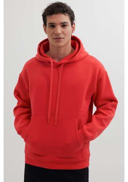 Unisex Oversize Geniş Kesim Pamuklu Yumuşak Dokulu Içi Polarlı Basic Nar Renk Kapüşonlu Sweatshirt indirimleri