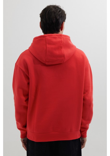 Unisex Oversize Geniş Kesim Pamuklu Yumuşak Dokulu Içi Polarlı Basic Nar Renk Kapüşonlu Sweatshirt