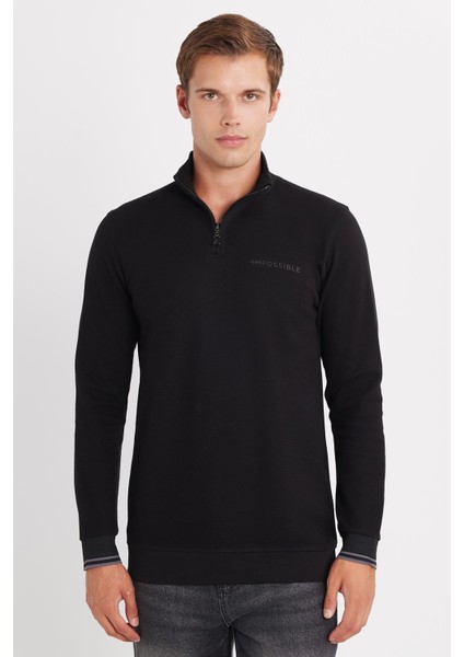Erkek Slim Fit Dar Kesim Pamuklu Yarım Fermuarlı Dik Yaka Siyah Sweatshirt