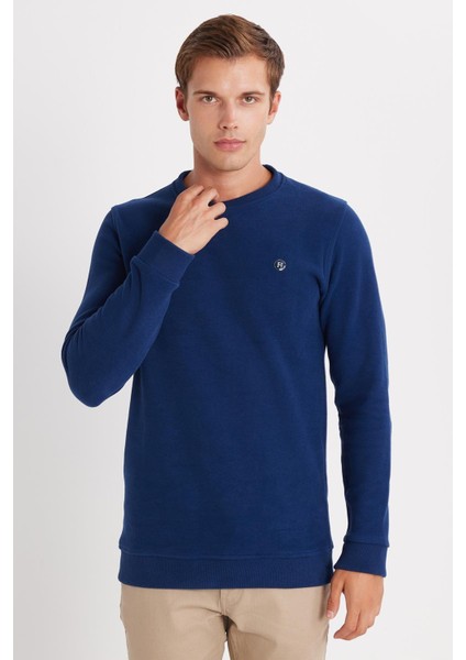 Erkek Slim Fit Dar Kesim Pamuklu Selanik Kumaş Bisiklet Yaka İndigo Sweatshirt