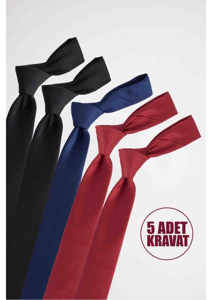 5'li Paket Düz İnce Siyah-Lacivert-Bordo Erkek Kravat