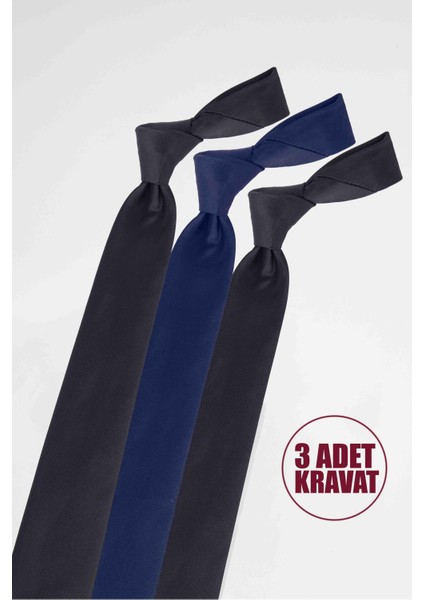 3'lü Paket Düz Klasik Cep Mendilli Siyah-Lacivert Erkek Kravat