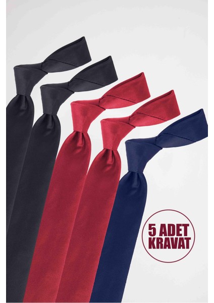 5'li Paket Düz Klasik Cep Mendilli Siyah-Bordo-Lacivert Erkek Kravat