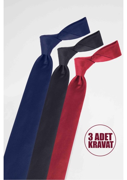 3'lü Paket Düz Klasik Cep Mendilli Lacivert-Siyah-Bordo Erkek Kravat