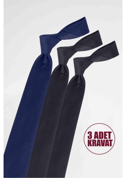 3'lü Paket Düz İnce Lacivert-Siyah Erkek Kravat