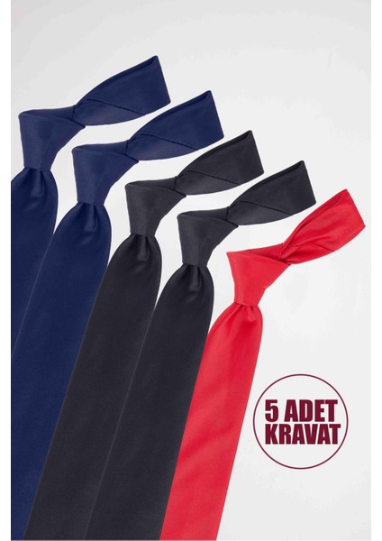 5'li Paket Düz İnce Lacivert-Siyah-Kırmızı Erkek Kravat