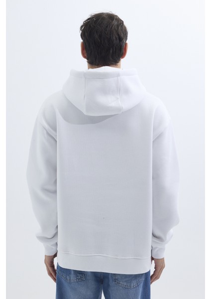 Unisex Oversize Geniş Kesim Pamuklu Yumuşak Dokulu İçi Polarlı Baskılı Beyaz Kapüşonlu Sweatshirt