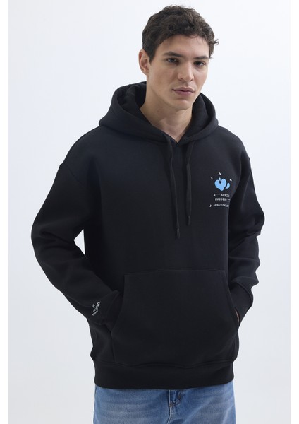 Unisex Oversize Geniş Kesim Pamuklu Yumuşak Dokulu İçi Polarlı Baskılı Siyah Kapüşonlu Sweatshirt