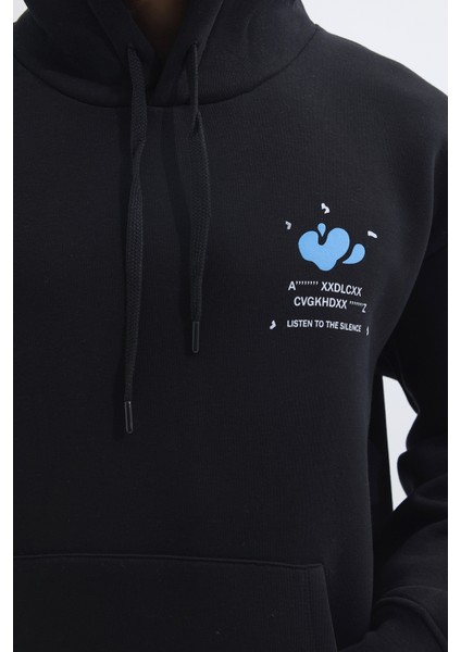 Unisex Oversize Geniş Kesim Pamuklu Yumuşak Dokulu İçi Polarlı Baskılı Siyah Kapüşonlu Sweatshirt