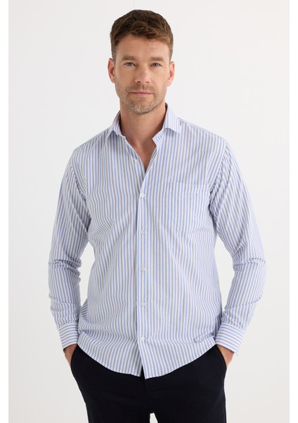 Erkek Regular Fit Klasik Kesim İnce Çizgili Pamuklu Kravatlık Yaka Gömlek