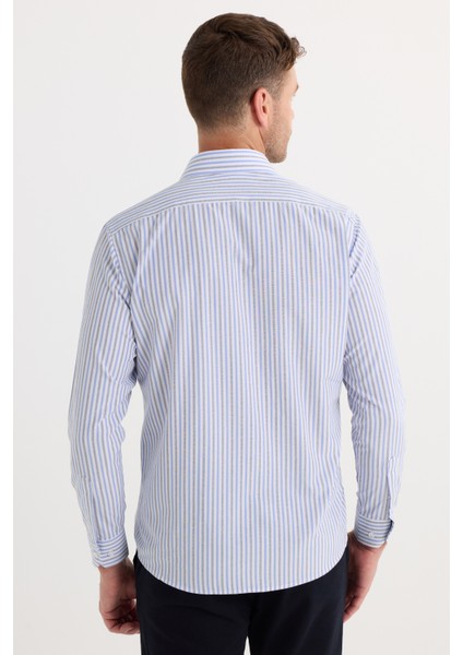 Erkek Regular Fit Klasik Kesim İnce Çizgili Pamuklu Kravatlık Yaka Gömlek