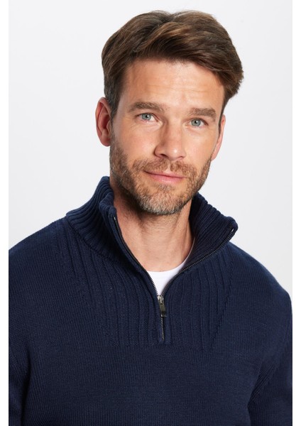 Erkek Slim Fit Dar Kesim Armürlü Fermuarlı Lacivert Dik Yaka Kazak