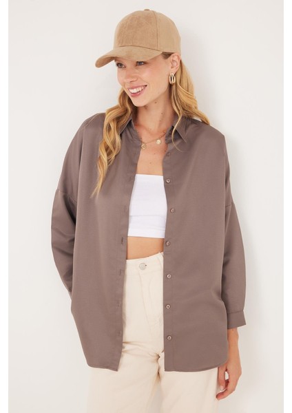 Kadın Oversize Rahat Kesim Spor Yaka Uzun Kollu Basic Düz Vizon Gömlek