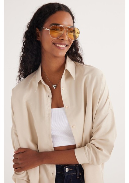 Kadın Oversize Rahat Kesim Spor Yaka Uzun Kollu Basic Düz Bej Gömlek
