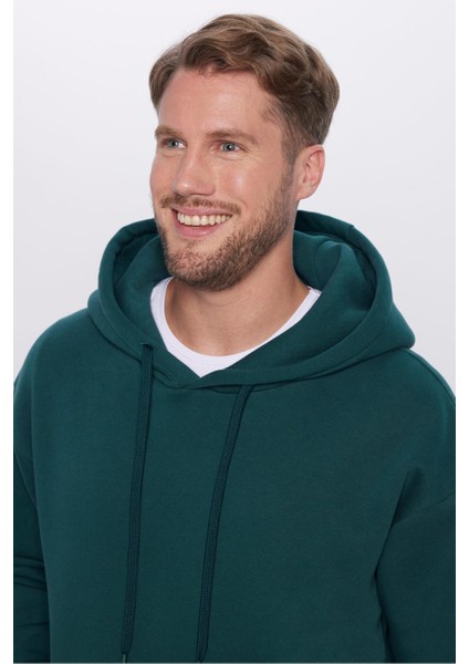 Unisex Oversize Geniş Kesim Pamuklu Yumuşak Dokulu Içi Polarlı Basic Yeşil Kapüşonlu Sweatshirt